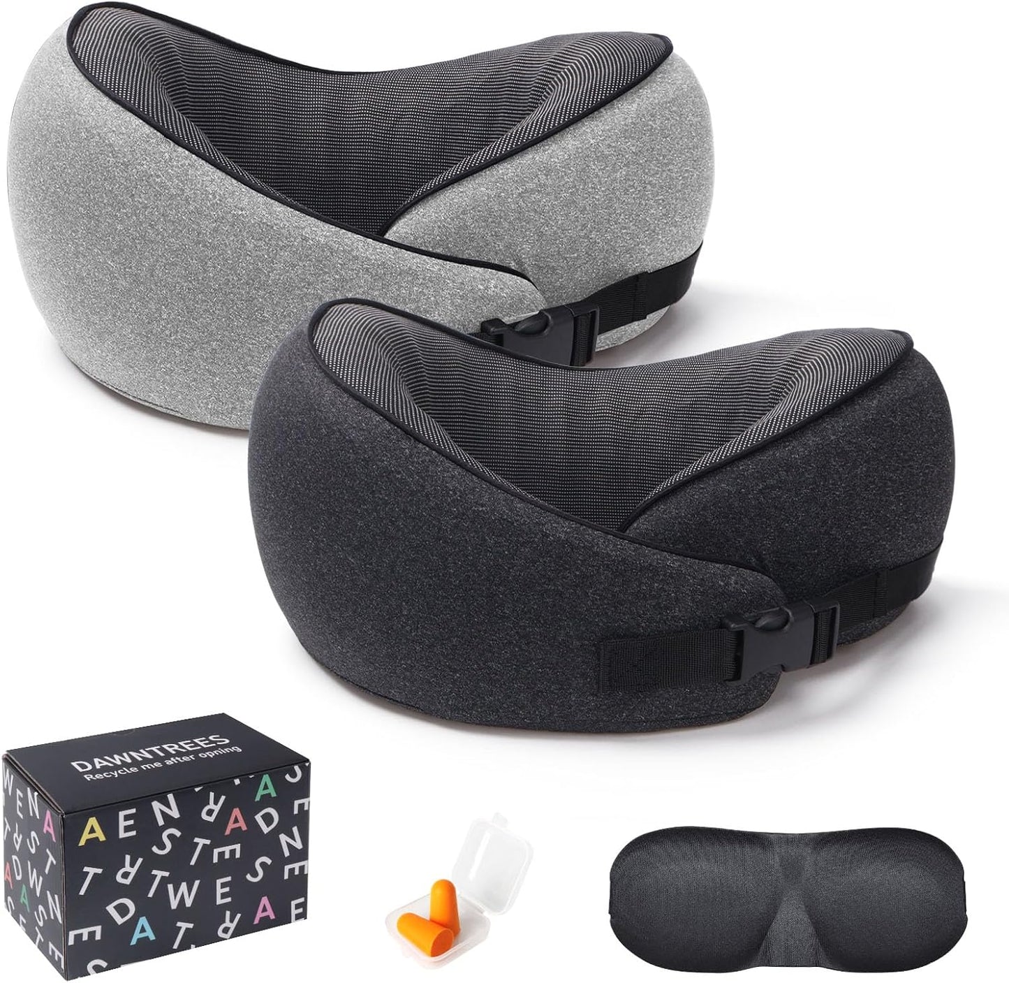 DAWNTREES 2 Pack Travel Pillow Neck Support, Memory Foam Neck Pillows for Travel Airplane,Business Trip with Luxury Bag,Travel Kit.