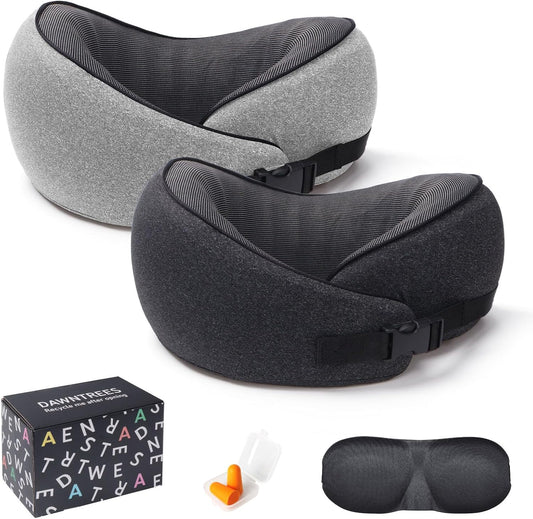 DAWNTREES 2 Pack Travel Pillow Neck Support, Memory Foam Neck Pillows for Travel Airplane,Business Trip with Luxury Bag,Travel Kit.