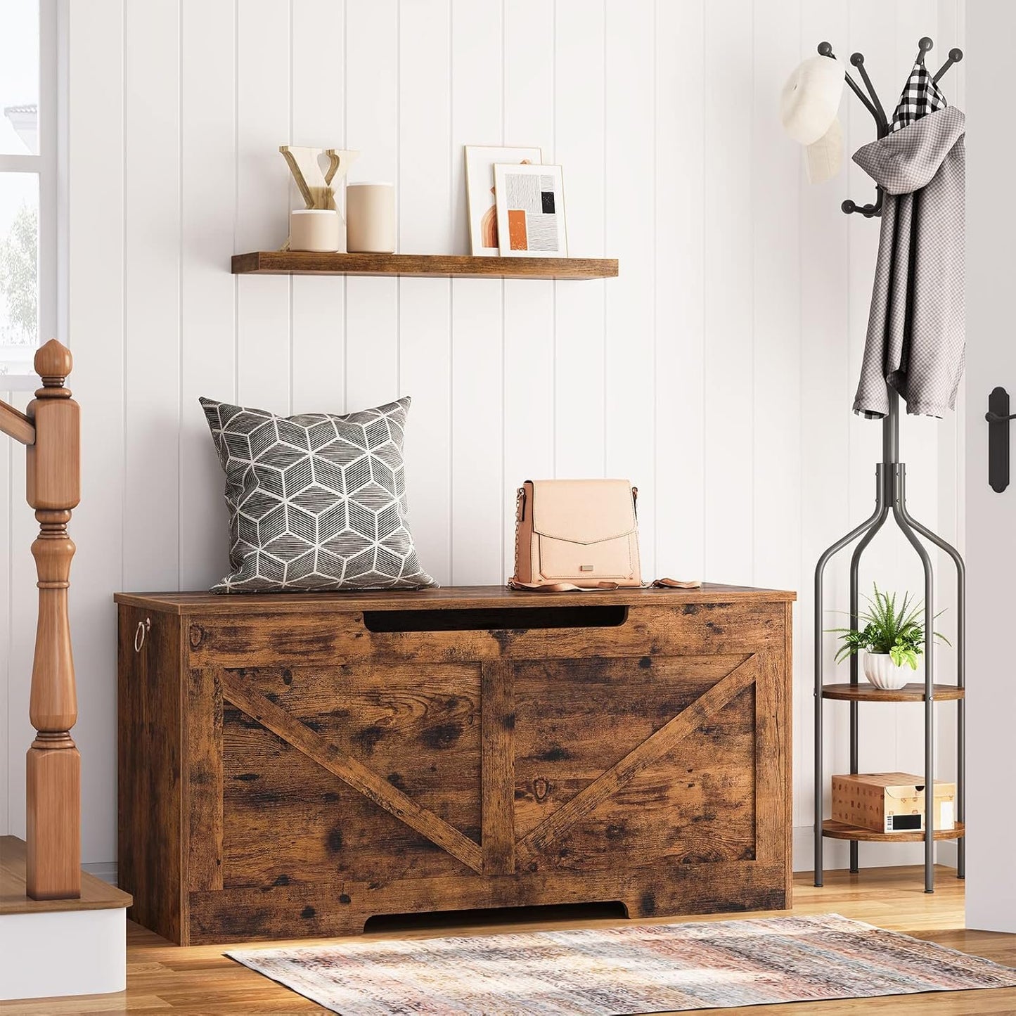 HOOBRO Storage Chest, 100 cm Retro Toy Box Organizer with U-Shaped Cut-Out Pull, Storage Bench, Safety Hinge, Sturdy Toy Chest, Wooden, Supports 100 kg, Easy Assembly, Rustic Brown BF771CW01