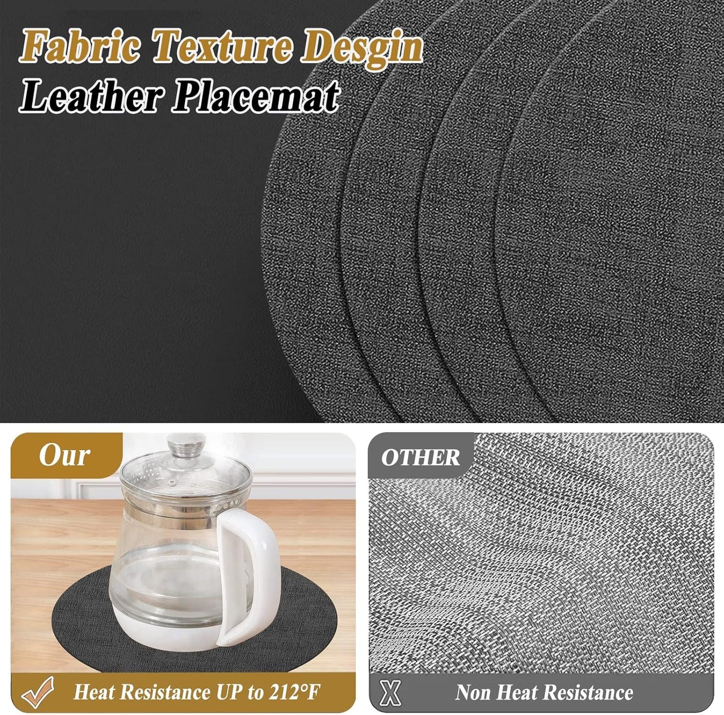 KERYCHIN Set of 4 Round Leather Placemats + 4 Coasters, Heat Resistant 100℃, Non-Slip Washable Decorative Accessories for Home, Hotel, Indoor, Dining Table, Black