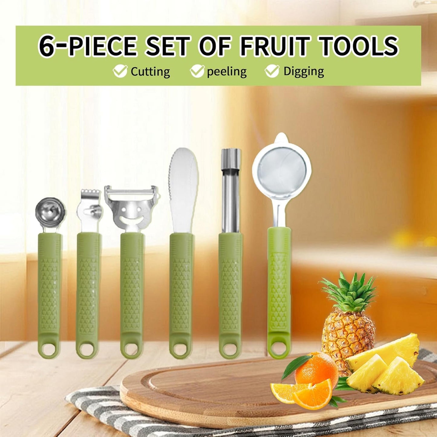 6 Pcs Fruit Tool Set - Stainless Steel Kitchen Handle Utensils with Storage Stand, Includes Melon Baller, Lemon Zester, Peeler, Butter Knife, Corer, Mini Strainer, for Fruit Vegetable Prep