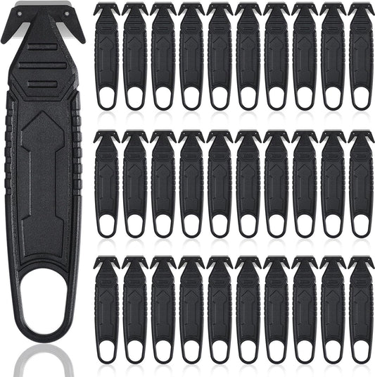 Therwen 30 Pcs Safety Box Cutter Knife of Stainless Steel Concealed Blade Package Opener with Tape Splitter for Carton Cardboard Wrap Letter Work Bag Straps Film Utility Tool, Black