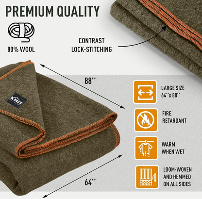 Knit Outdoor Large Military Wool Blanket - Warm & Thick Emergency Survival Blanket Great for Camping, Outdoors, Sports Events, Picnics, 4.5 lbs, 64" x 88" (Olive Green)