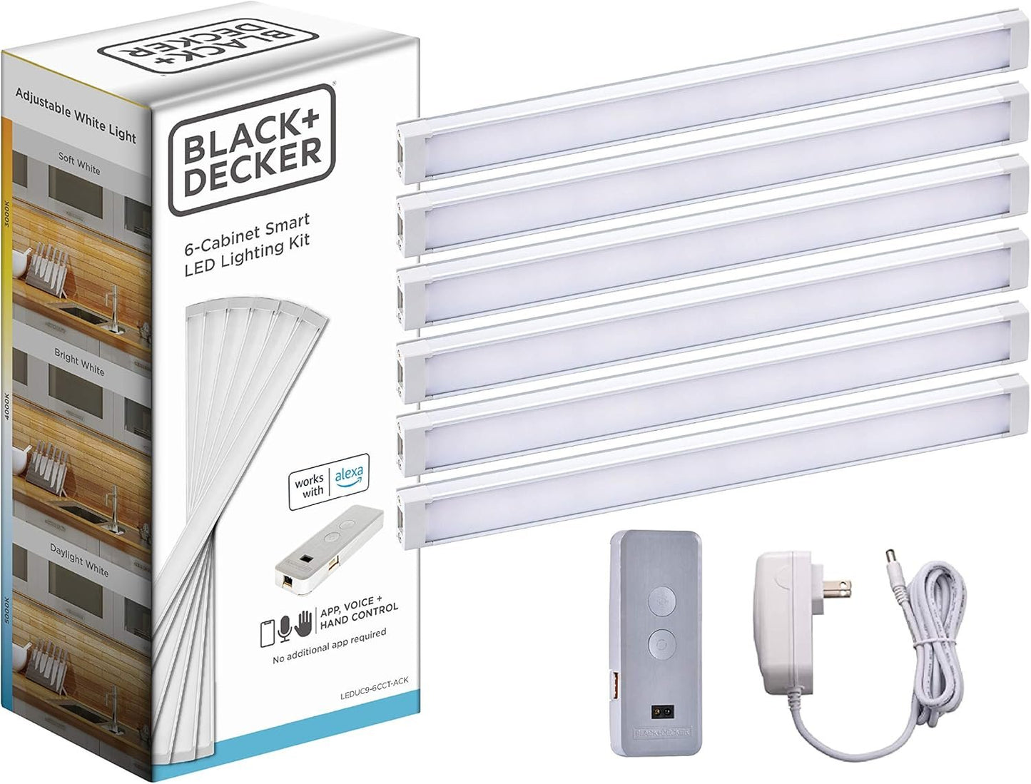 BLACK+DECKER Works with Alexa Smart Under Cabinet Lighting Kit, Adjustable LEDs, (6) 9" Bars - A Certified for Humans Device