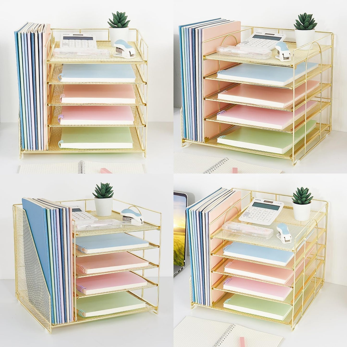 LEKETREE Desk Organizers and Accessories, 5-Tier Paper Letter Tray Organizer with File Holder, Desktop Organizer for Office Supplies, Office Desk Accessories & Workspace (Gold)
