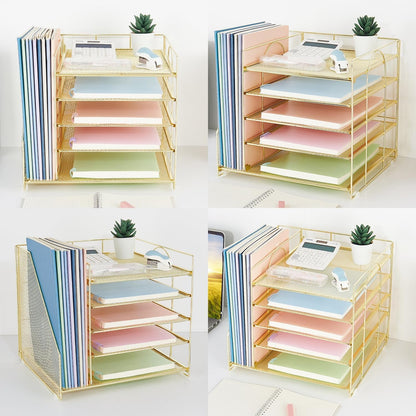 LEKETREE Desk Organizers and Accessories, 5-Tier Paper Letter Tray Organizer with File Holder, Desktop Organizer for Office Supplies, Office Desk Accessories & Workspace (Gold)