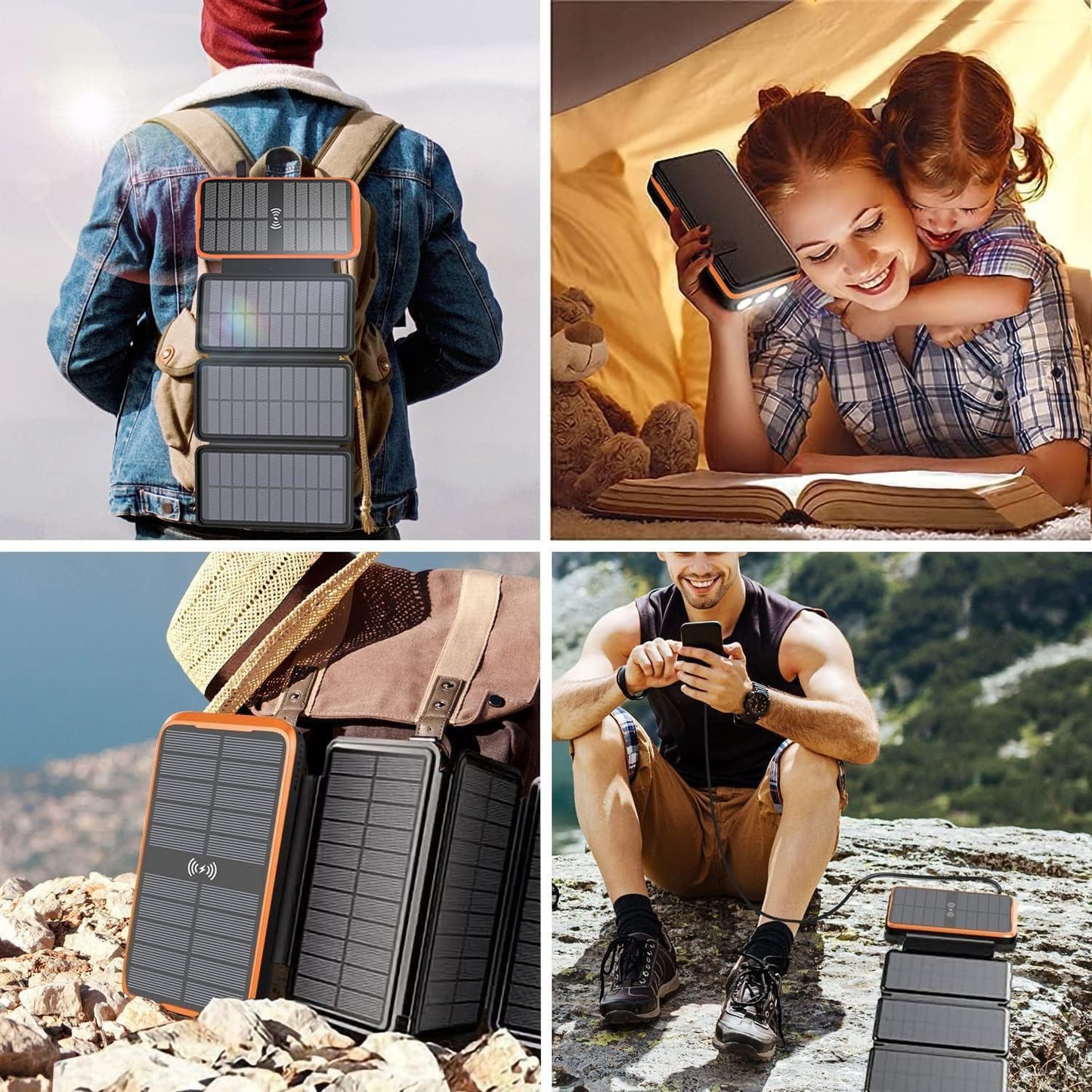 2025 Upgraded Solar Power Bank, 26800mAh with 4x Foldable Solar Panels Built-in 2 Output & 1 Input Cables PD 20W QC3.0 18W Fast Charging and Qi 10W Wireless Charging 6W Solar Charging Portable Charger
