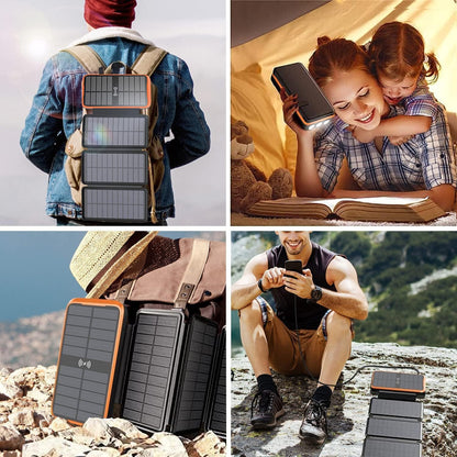 2025 Upgraded Solar Power Bank, 26800mAh with 4x Foldable Solar Panels Built-in 2 Output & 1 Input Cables PD 20W QC3.0 18W Fast Charging and Qi 10W Wireless Charging 6W Solar Charging Portable Charger