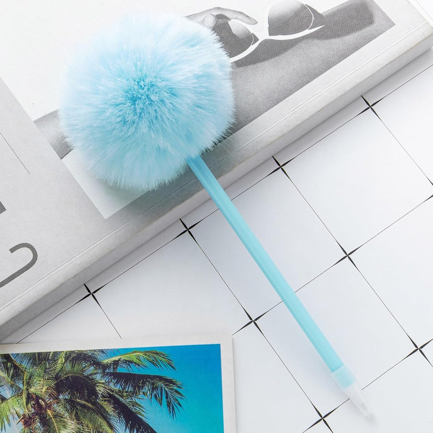 Biiange 4Pcs Fluffy Pen, Pom Pom Plastic Ballpoint Pen, With Black Ink, Gift Pens for Christmas Stationery Carnival Birthday (Blue)