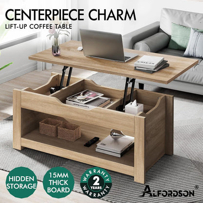 ALFORDSON Lift Top Coffee Table with Hidden Compartment and Open Shelf, Rising Tabletop Dining Table for Living Room Office Reception, Convertible Center Table, Black