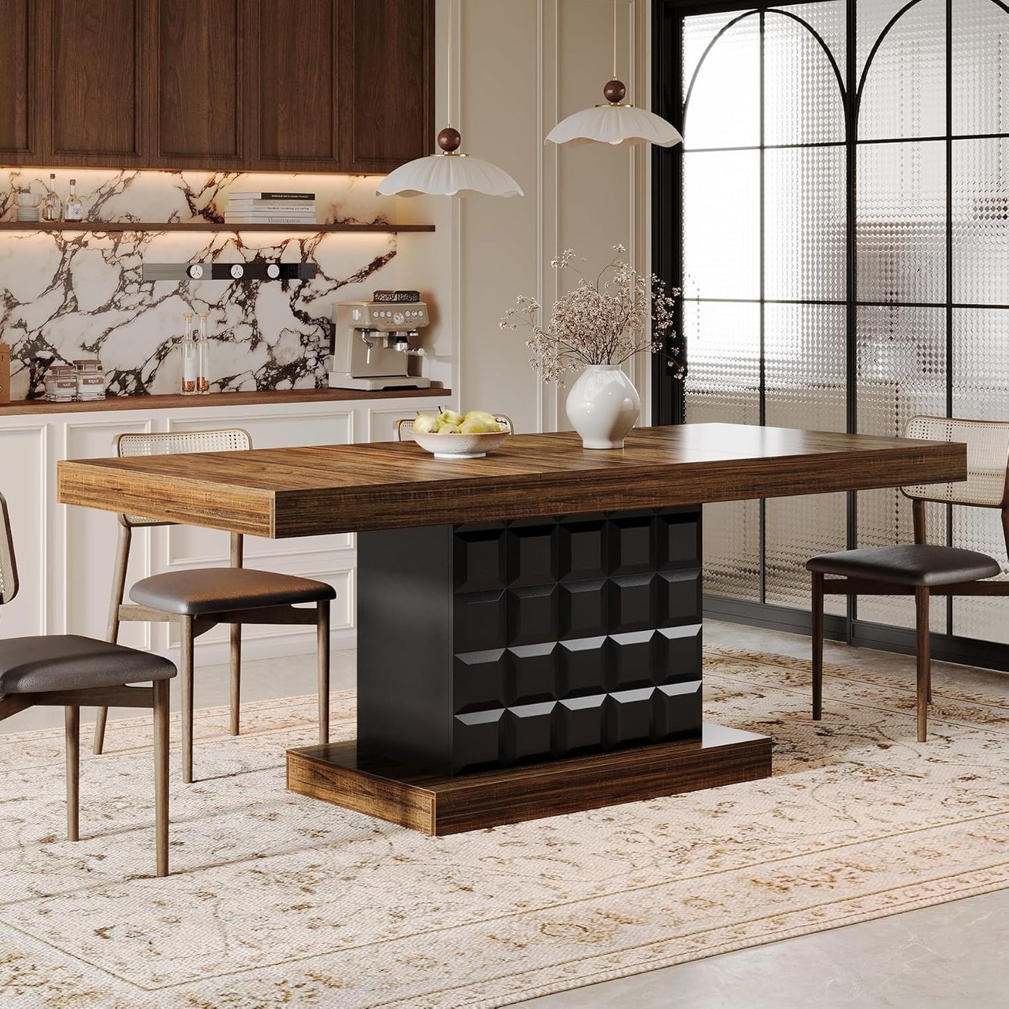 Tribesigns 63'' Dining Table for 4-6, Farmhouse Wooden Rectangular Dinner Table with Geometric Relief, Pedestal Base (Brown and Black)