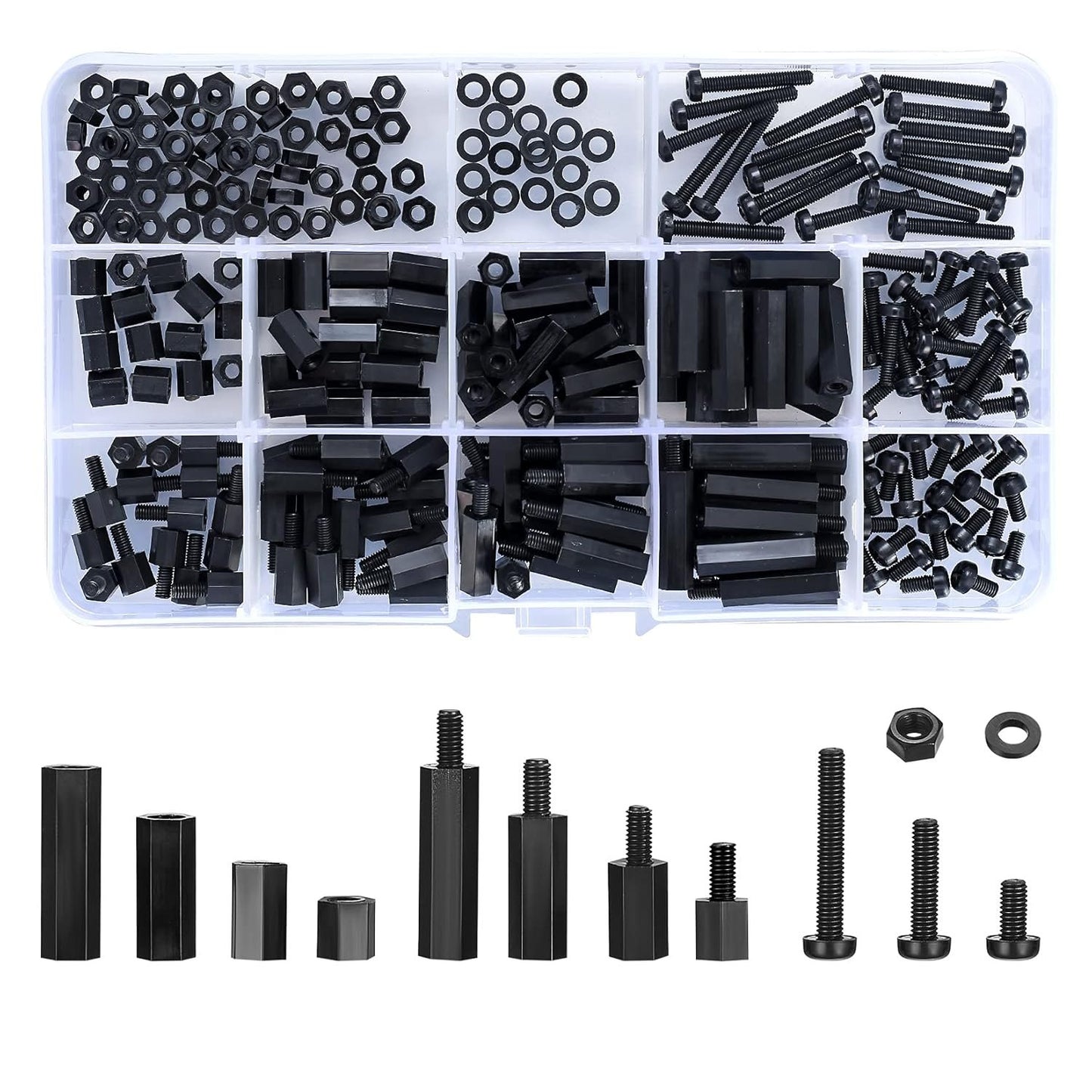 Ewwtrey 260 Pcs M3 Nylon Hex Screws Nut Circuit Spacers, Male Female Screws Standoff Nuts Threaded Pillar PCB Motherboard Circuit Board Machine Cylinder Spacers Kit - Black
