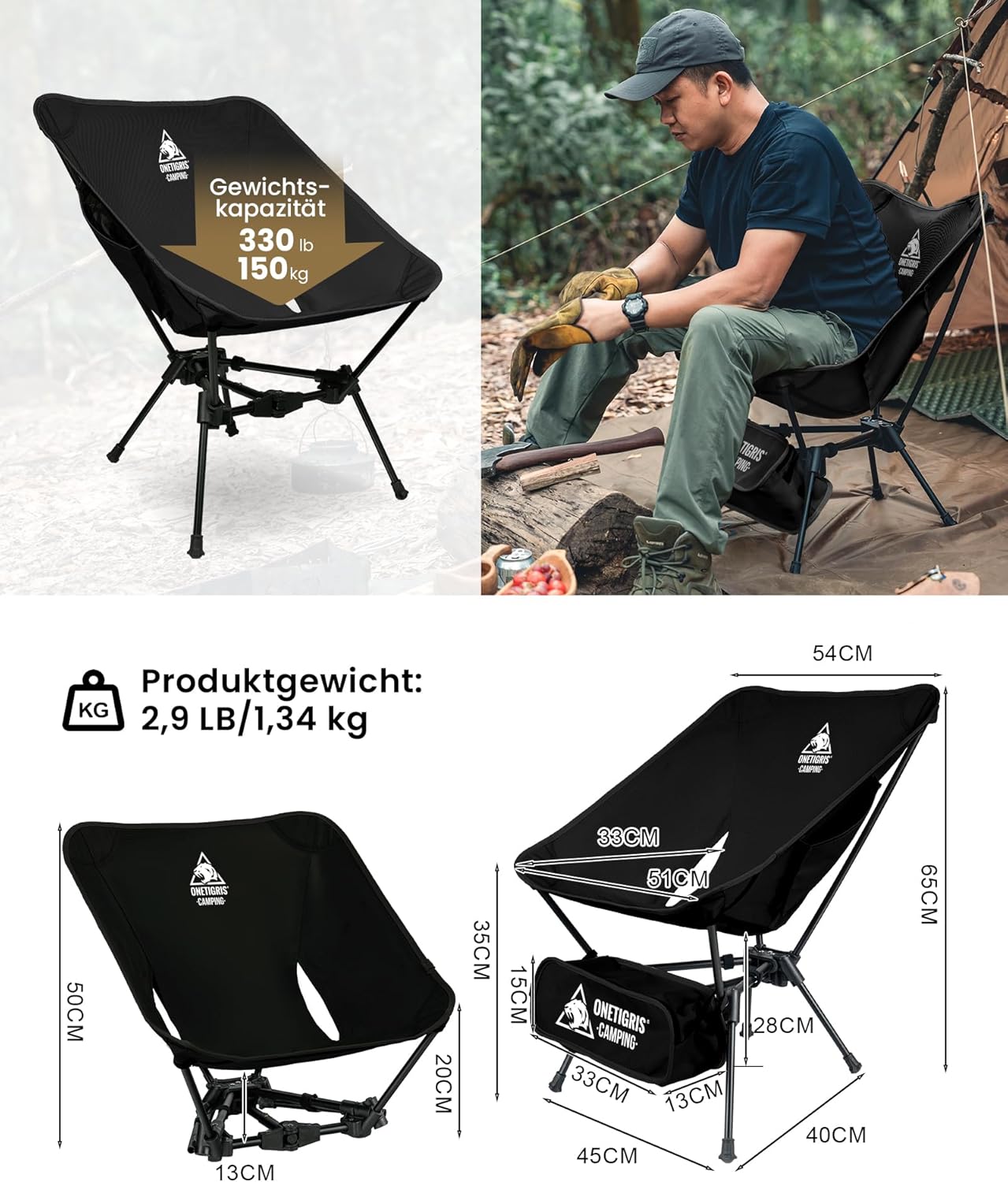 OneTigris TIGERBLADE 150kg Folding Camping Chair Lightweight Triangular Frame Lightweight Camping Chair with 2 Side Pockets for Outdoor Hiking