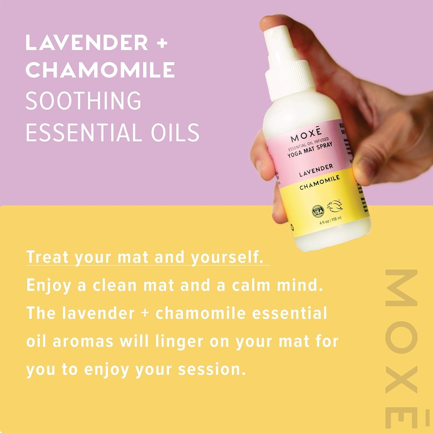 MOXĒ Yoga Mat Cleaner Spray, Lavender & Chamomile Essential Oils, Safe for All Mats & Exercise Equipment, Odor & Sweat Protection, Includes Microfiber Cleaning Towel, Green America Certified, 4 Ounces (2 Pack)