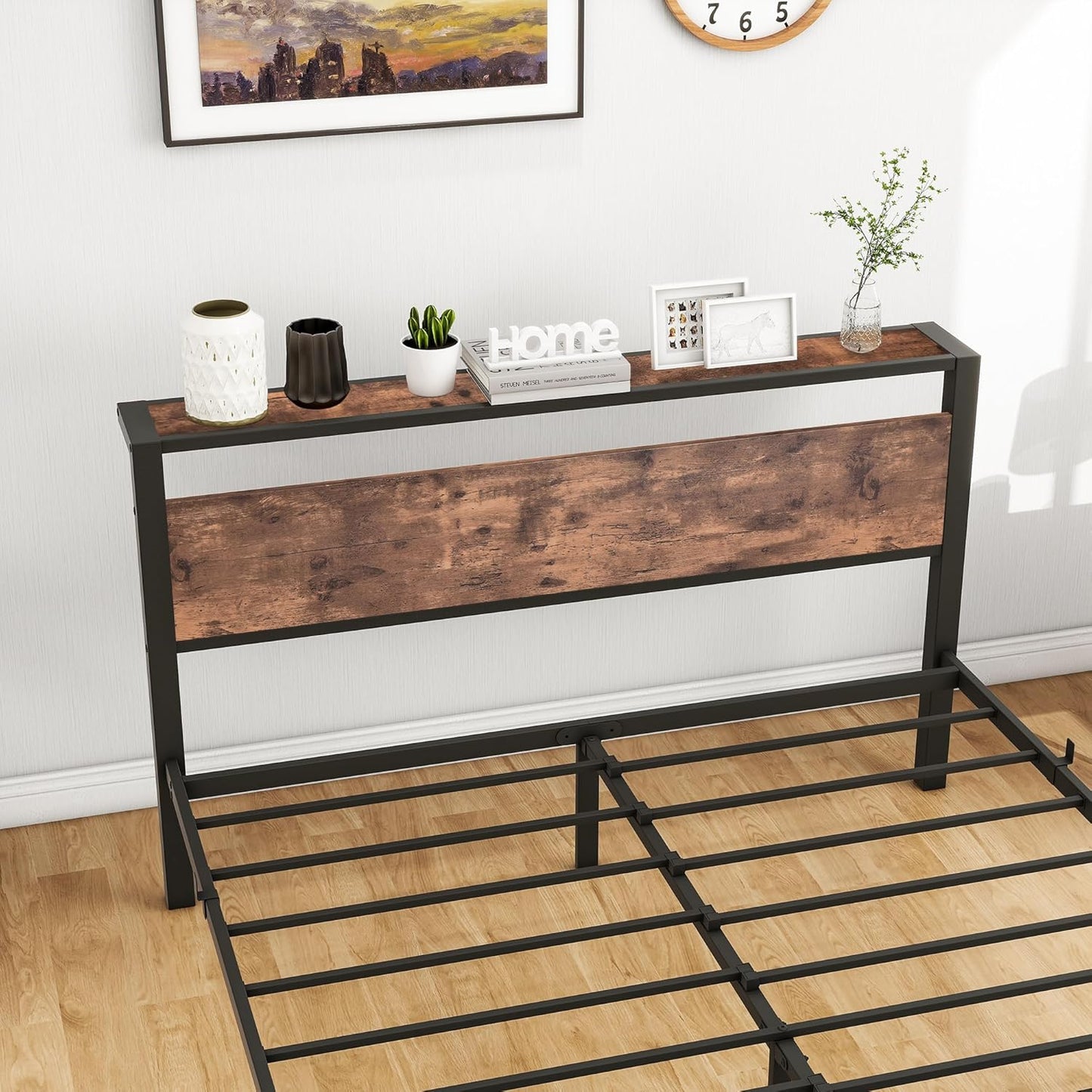 VERFARM Queen Bed Frame with Wood Storage Headboard, Metal Platform Bed Frame Queen Size No Box Spring Needed, Strong Slats Mattress Foundation, Non-Slip Noise Free, Easy Assembly