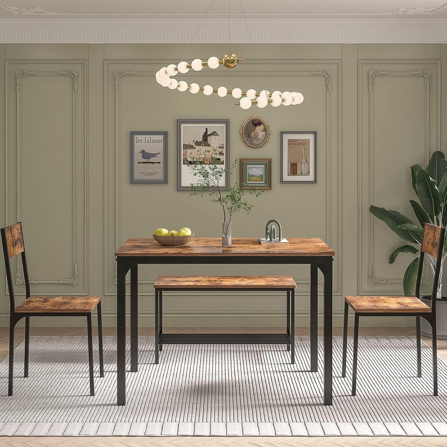 SDHYL Dining Table Set, Two Chairs and One Bench 4 Pieces Set Wooden Table Top with Metal Legs for Breakfast in Living Room, Kitchen Room, Dining Room,Space Saving Kitchen Table Set, Rustic Brown