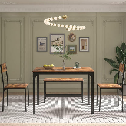 SDHYL Dining Table Set, Two Chairs and One Bench 4 Pieces Set Wooden Table Top with Metal Legs for Breakfast in Living Room, Kitchen Room, Dining Room,Space Saving Kitchen Table Set, Rustic Brown
