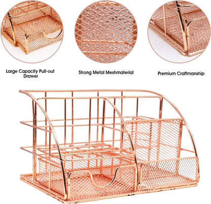 KAAKOW Rose Gold Desk Organizers and Accessories Office Supplies Set Stapler, Pen Holder, Phone Holder, Scissors, Pen, Ruler, 30 Paper Clips, 22 Binder Clip, 20 Tacks and 1000pcs Staples