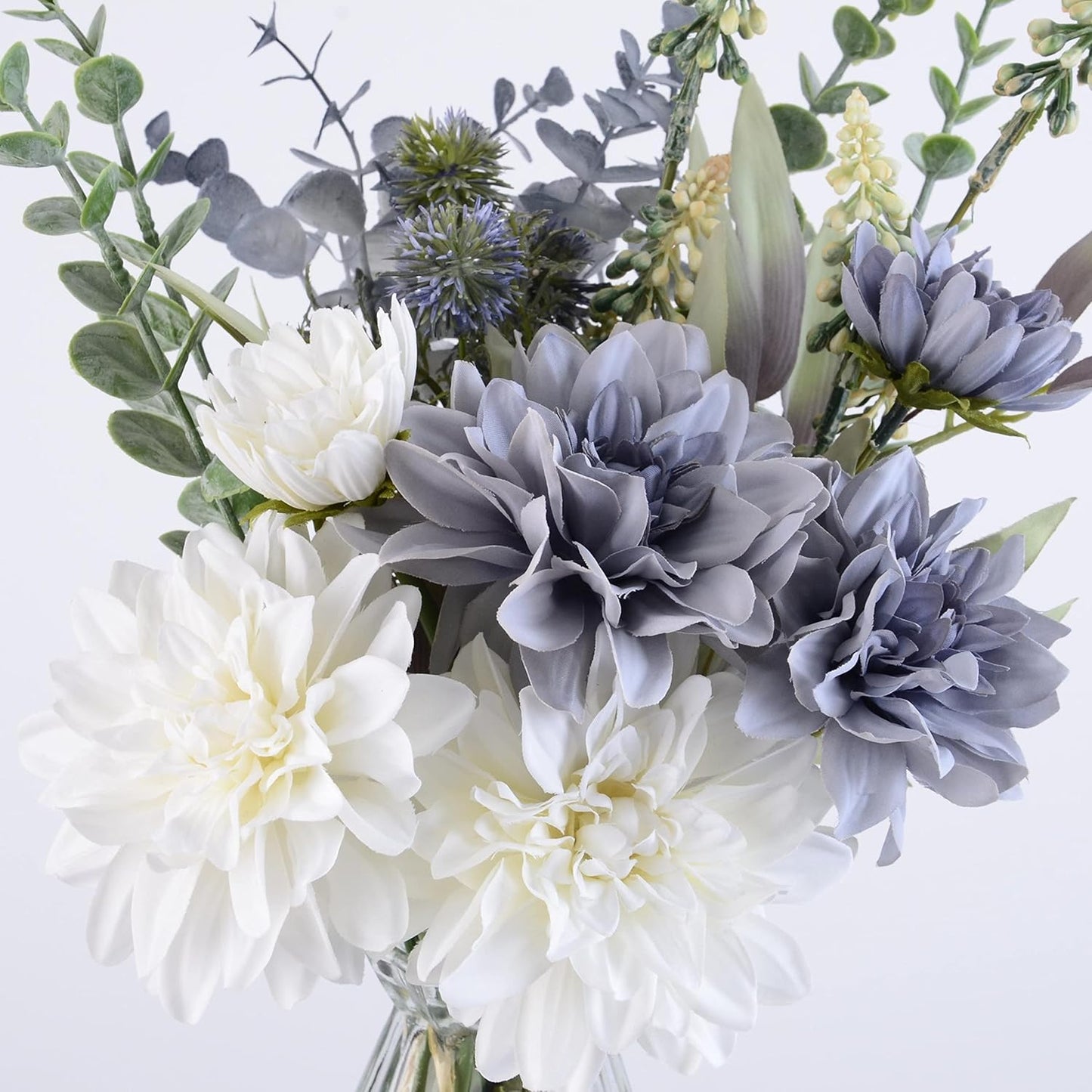 PERFNIQUE Fake Flowers with Vase, Silk Dahlia Faux Flowers in Vase, Artificial Flowers Bouquet for Home Decor, Floral Arrangement for Dining Table Centerpiece, Boho Flower Decor (White and Blue)