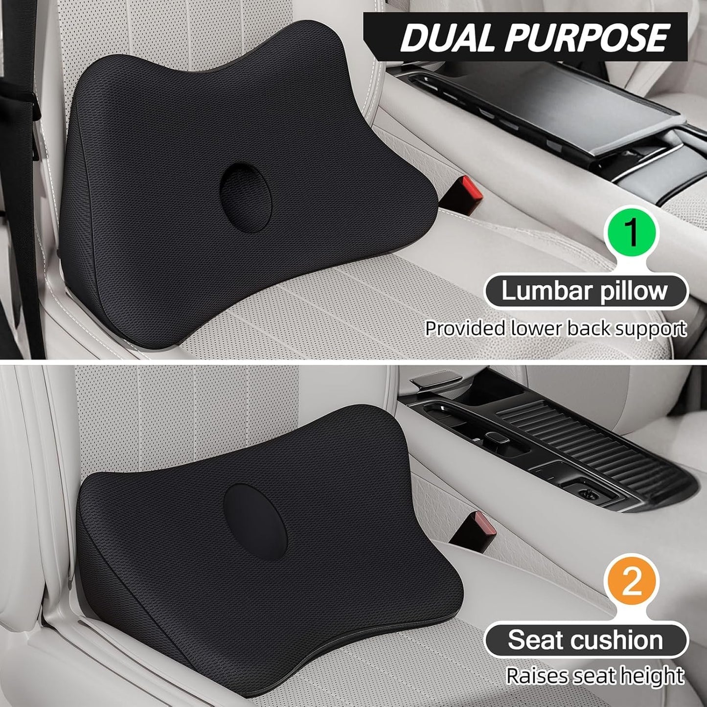 Benazcap Lumbar Support Pillow for Car Seat, Lower Back Support Pillow for Sciatica & Back Pain Relief, 2 in 1 Memory Foam Lumbar Support Pillow for Office Chair - Black