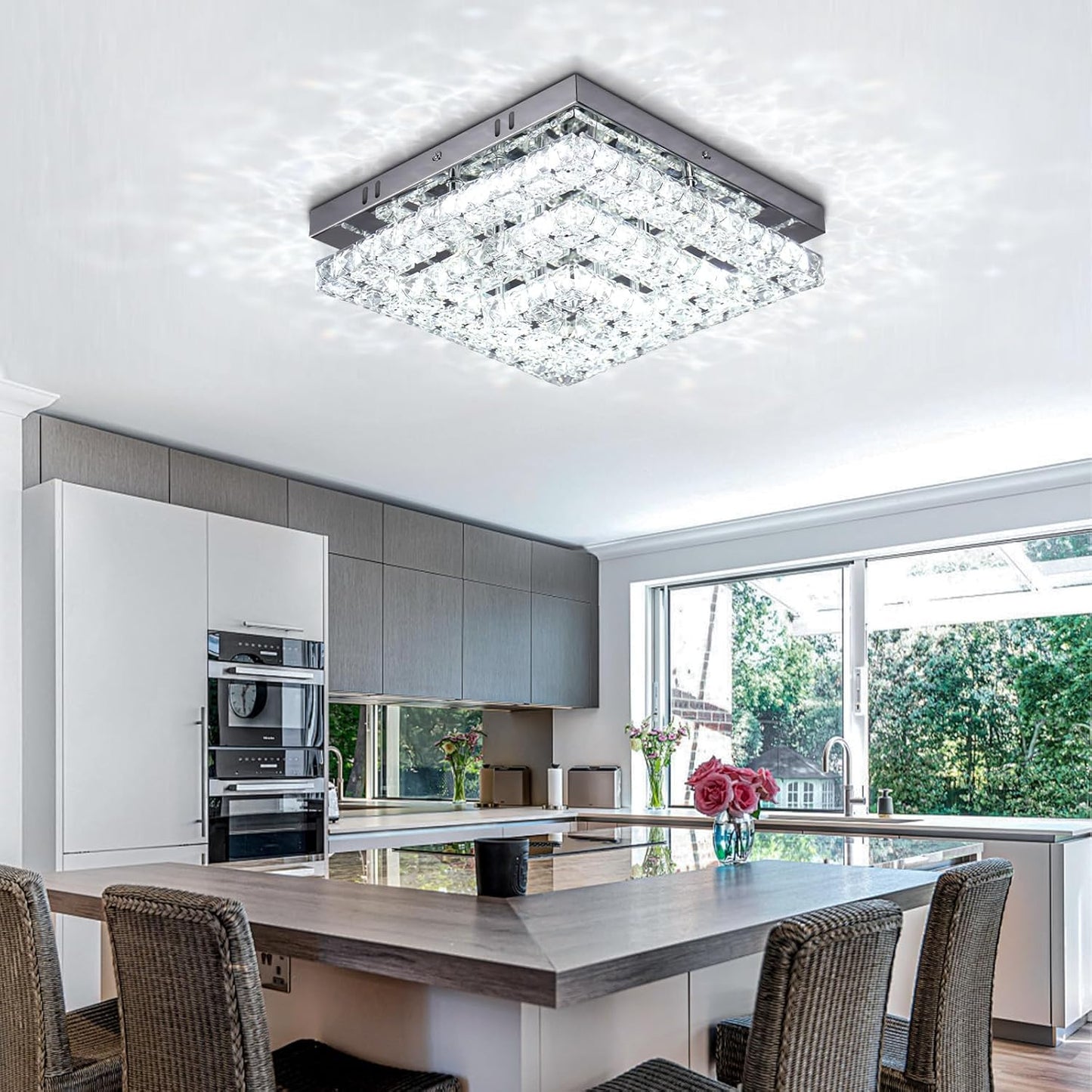 Cainjiazh 11.8 inch Crystal Chandelier LED Flush Mount Crystal Ceiling Light Modern Crystal Chandelier Square Ceiling Light for Bedroom Hallway Kitchen Office Without Remote Control