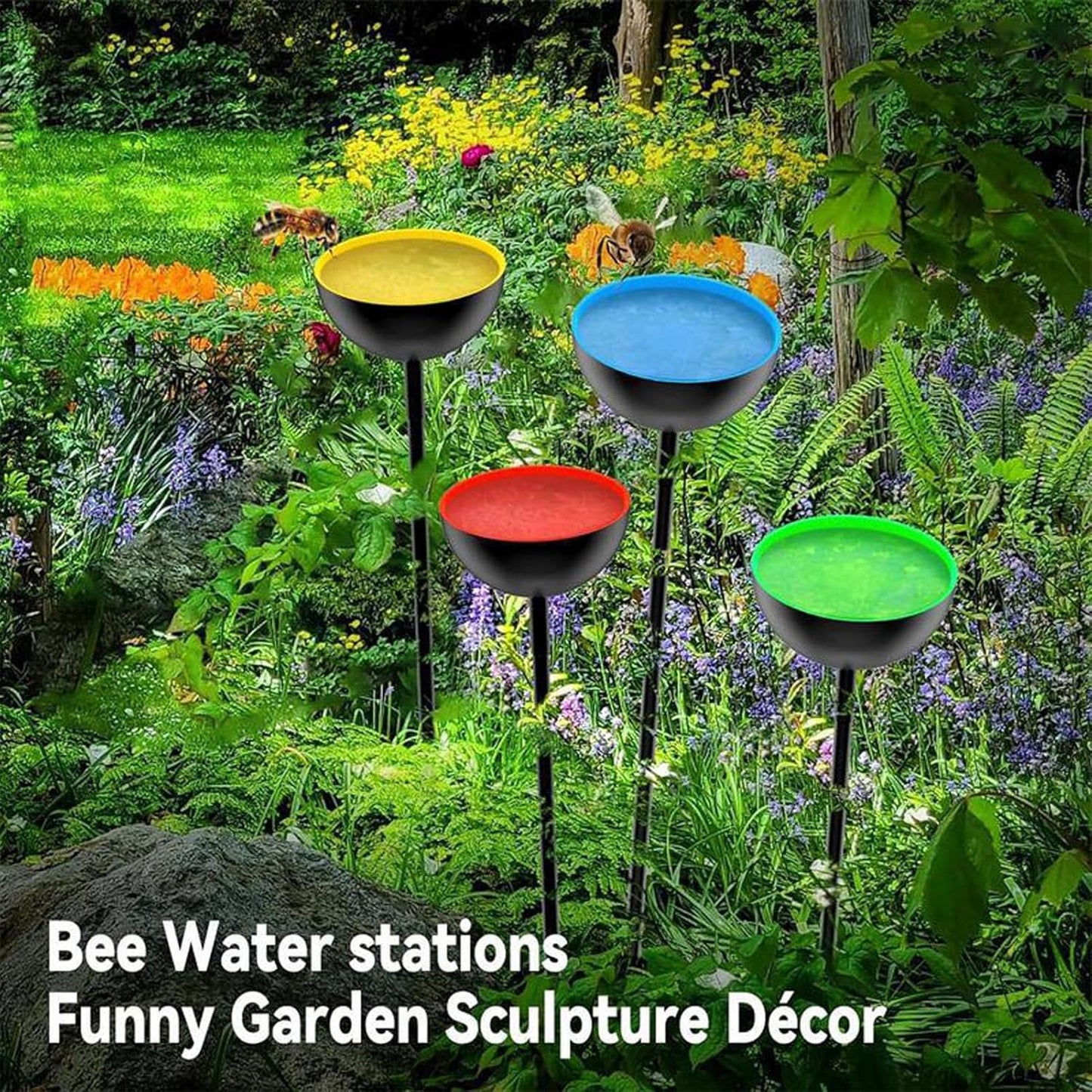 Bee Watering Stations,4 Pack Standing Water Dispenser - Rustproof Metal Stake Feeder, Watering Bath Bowl, Pollinator Feeding Tool for Outside Use