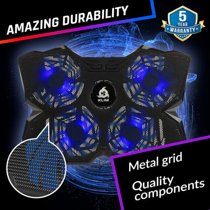 KLIM Wind Laptop Cooling Pad - Support 11 to 17 Inch Laptops, PS4-4 Fans - Light, Quiet, Powerful Cooling - Gamer USB Slim Portable Laptop Stand - New Version - Blue