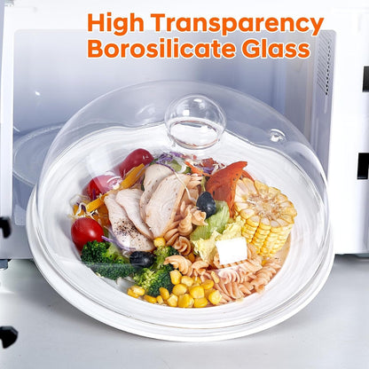 10inch Glass Microwave Cover for Food, Tall Sturdy Borosilicate Glass Splatter Cover Guard Lid with Heat-resistant Gloves, Dishwasher Safe