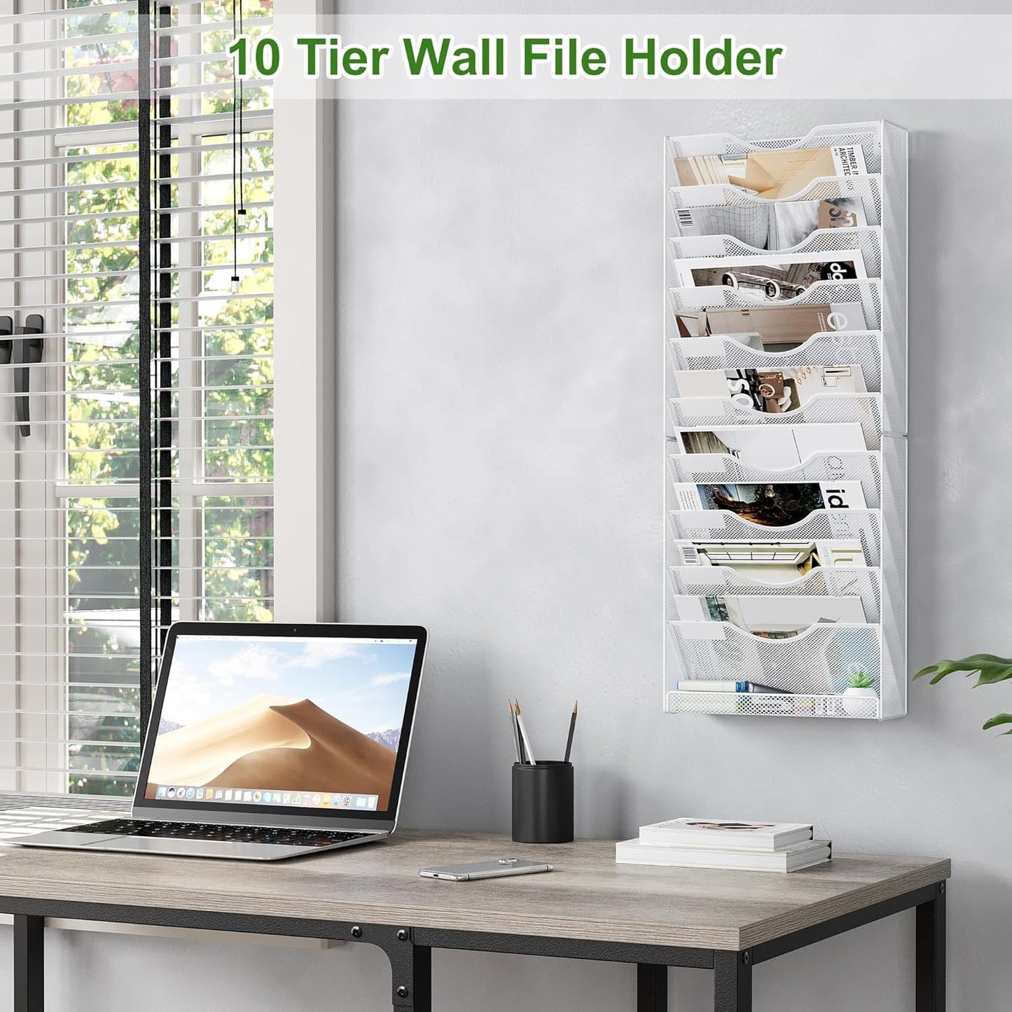 Solinxe Hanging Wall File Holder Organizer 10 Tier, Mesh Wall Mounted Magazine Document Paper Rack, Desk Organizer for Office Home Classroom Organization, White