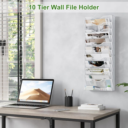 Solinxe Hanging Wall File Holder Organizer 10 Tier, Mesh Wall Mounted Magazine Document Paper Rack, Desk Organizer for Office Home Classroom Organization, White
