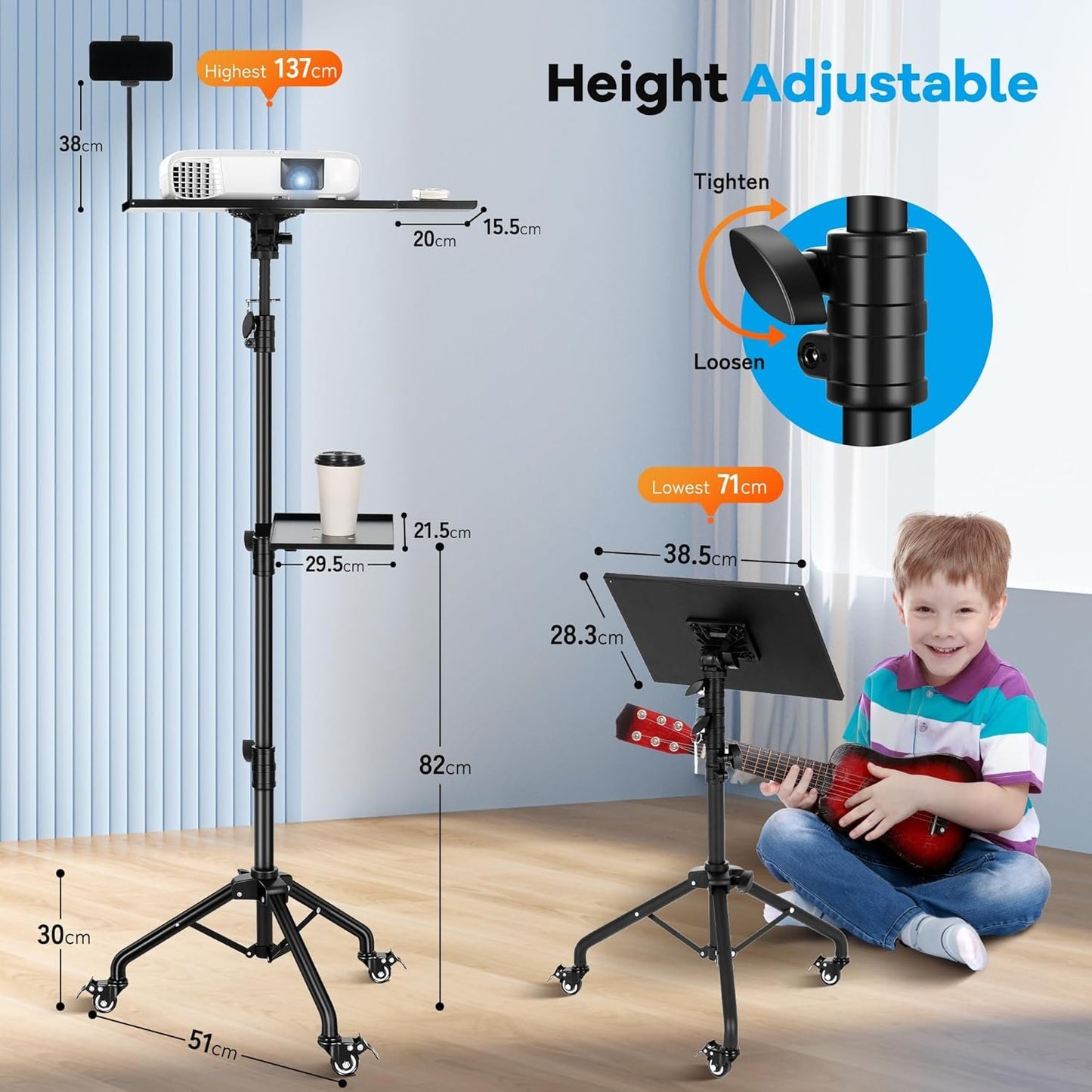 CAHAYA Mobile Floor Projector Stand: Multifunction with Metal Wheels, Adjustable Tray 71-137 cm, 180° Rotation, Load 14 kg, Perfect for Projectors, Laptops, Sheet Music