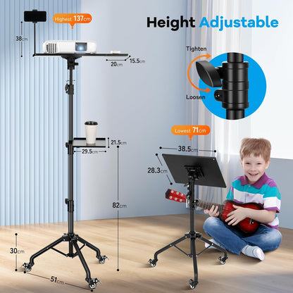 CAHAYA Mobile Floor Projector Stand: Multifunction with Metal Wheels, Adjustable Tray 71-137 cm, 180° Rotation, Load 14 kg, Perfect for Projectors, Laptops, Sheet Music