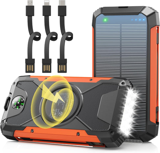 Solar Power Bank 38600mAh Solar Charger Built in 3 Cables Qi Wireless Portable Charger External Battery Pack 5V3A Fast Charge with 4 Outputs 2 Inputs and Led Flashlight Compass