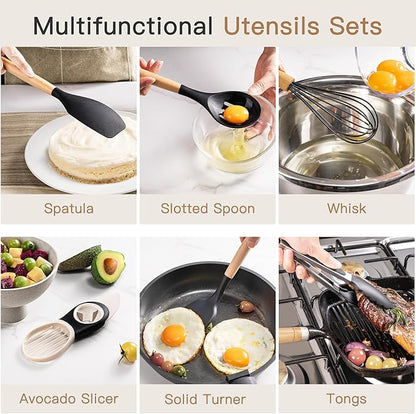 Astercook Kitchen Utensils set, 39 PCS Silicone Cooking Utensils Set with Wooden Handle, 446°F Heat Resistant Food Grade Utensil Sets, BPA Free Kitchen Gadgets Tools Set for Nonstick Cookware (Black)
