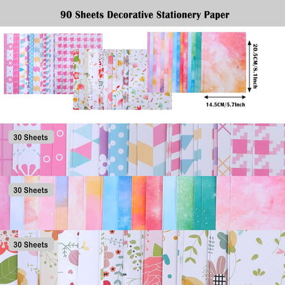 90 Sheets Decorative Stationery Paper, Craft Textured Writing Paper, Rainbow Flora Geometic Styles Scrapbook Paper, for Junk Journals, Letter Writing Invitations, Wall Art Decor, 5.7 Inch x 8.1 Inch