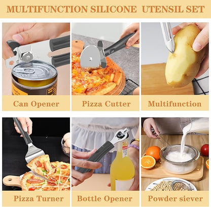 Silicone Cooking Utensil Set, Umite Chef 43 PCS Heat Resistant Kitchen Utensil Gadgets Set-Stainless Steel Handle- Kitchen Spatula Tools for Nonstick Cookware, Pots and Pans Accessories(Grey)
