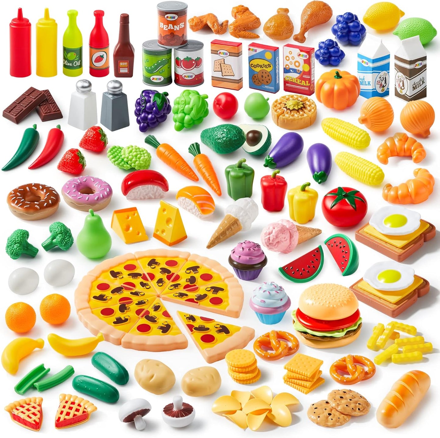 Play Food Set 135 Pieces Kitchen Set for Market Educational Pretend Playset Kids Toddlers Toys Kitchen Accessories Fake Food Party Favor Supplies Holiday