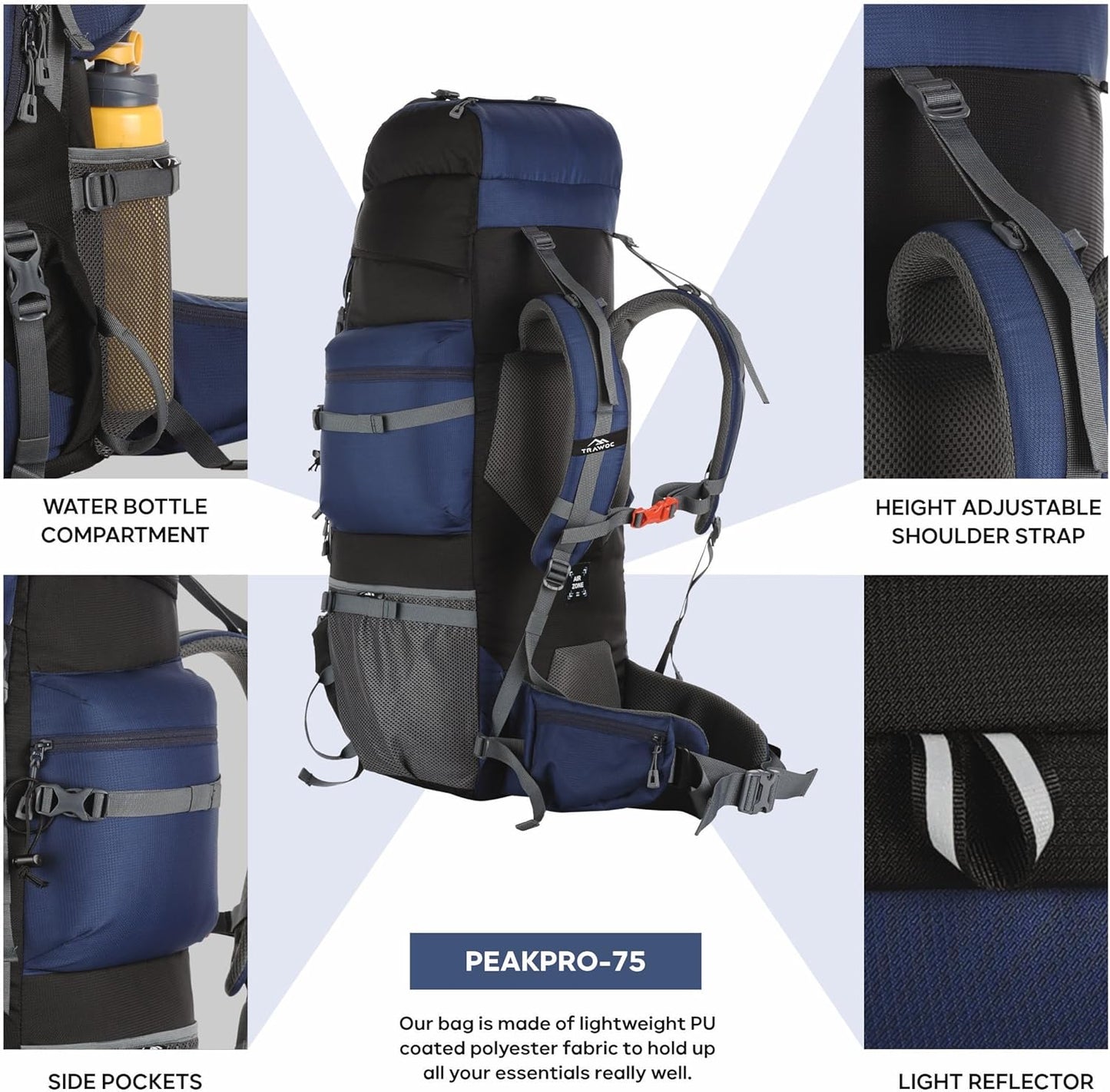 TRAWOC PEAKPRO 75 Liter Travel Backpack for Hiking Trekking Bag Camping Rucksack with Laptop Compartment/Rain Cover/Shoe Compartment