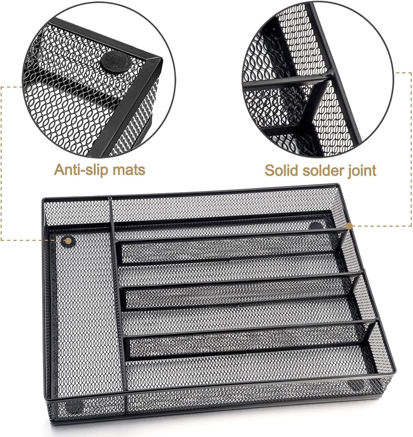 HaWare Utensil Drawer Organizer, Mesh Wire Silverware Organizer Divider for Kitchen, Stainless Steel Cutlery Flatware Storage Tray with Non-Slip Foam Feet, 5 Compartment, 12.5 x 9.2Inch, Black
