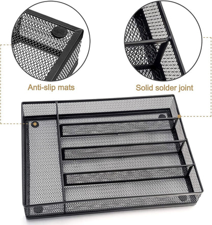 HaWare Utensil Drawer Organizer, Mesh Wire Silverware Organizer Divider for Kitchen, Stainless Steel Cutlery Flatware Storage Tray with Non-Slip Foam Feet, 5 Compartment, 12.5 x 9.2Inch, Black