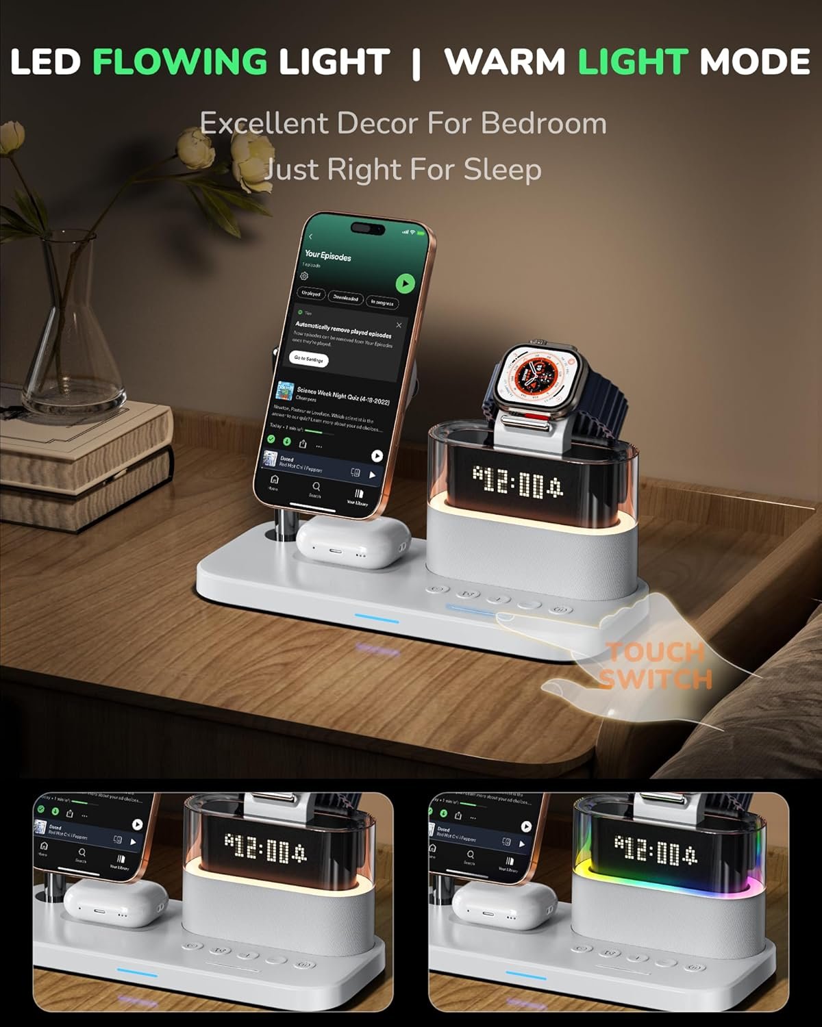5 in 1 Wireless Charger with Alarm Clock for A pple,Mag-Safe Charging Station for iPhone 16/15/14/13/12,iWatch Series 10/9/Ultra 2/8/7/SE/SE2/6/5,Air-Pods 4/3/Pro/2,Magnetic Charger Stand(White)