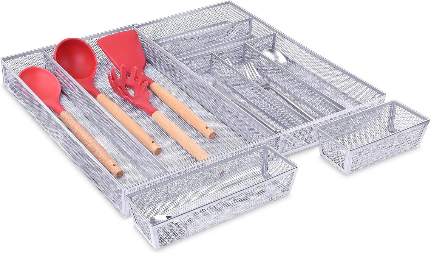 Metal Cutlery Tray Drawer Organizer Large, Expandable 7+2 Separate Compartments Mesh Utensil Organizer, Adjustable Kitchen Tableware Flatware Tray with Non-Slip Foam Feet