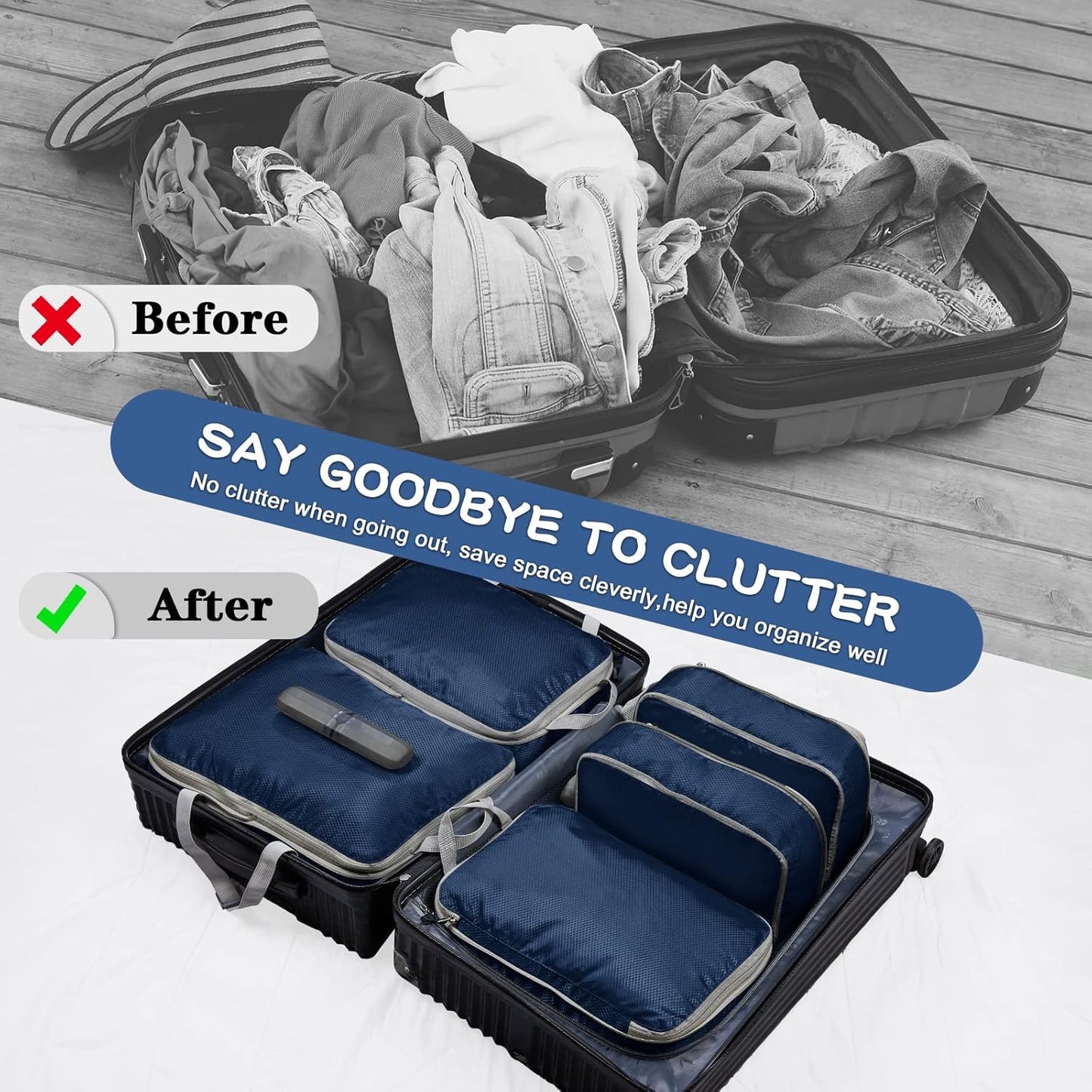 Eucomir Suitcase Organizer Set of 9 Cubes for Travel, Expandable Organizer Bags for Travel or Home Storage, Marine