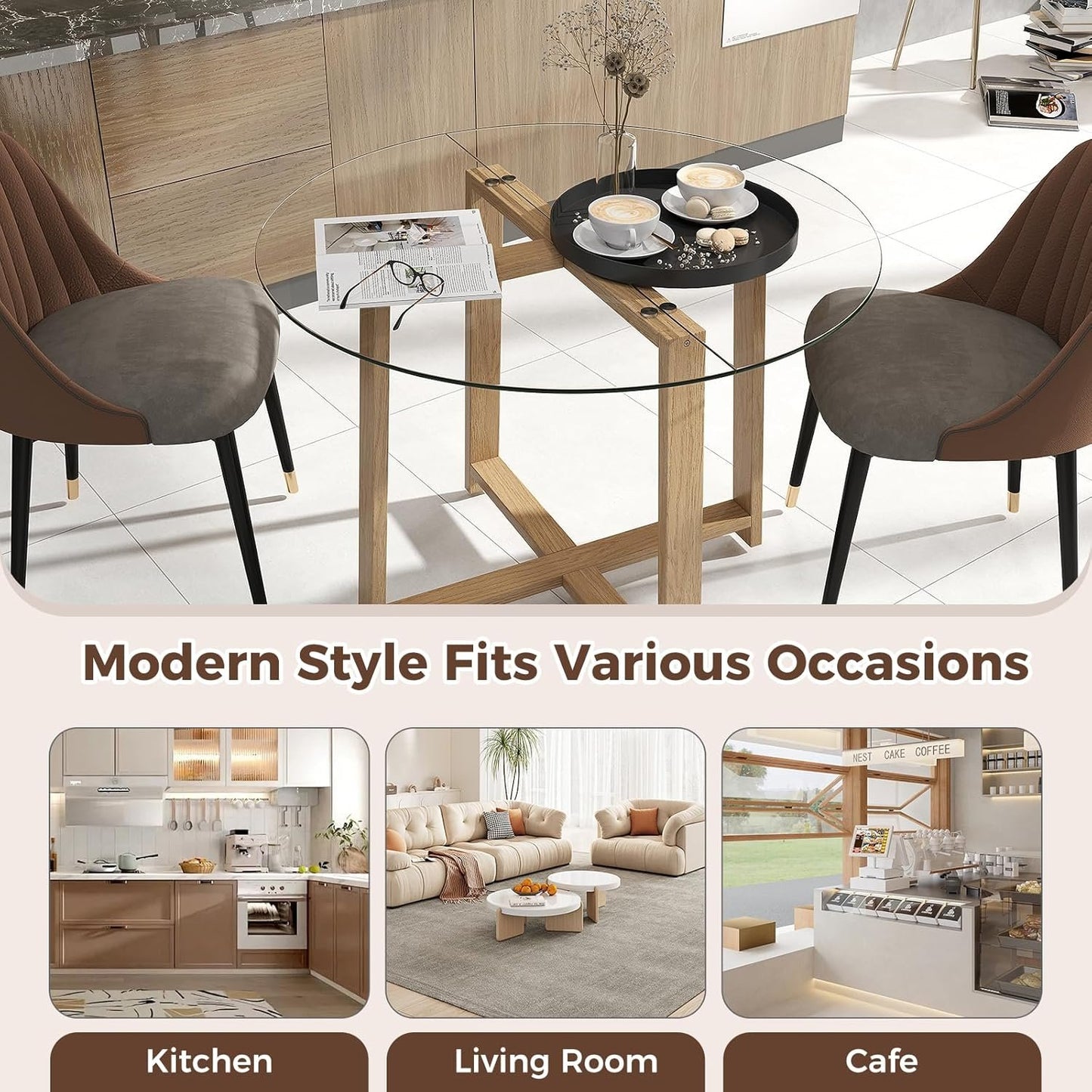 Tangkula 42" Round Glass Dining Table for 4-6, 0.3” Tempered Glass Tabletop with X-Shaped Rubber Wood Frame, Modern Kitchen Table for Home Kitchen Dining Room Breakfast Nook (Single Table)