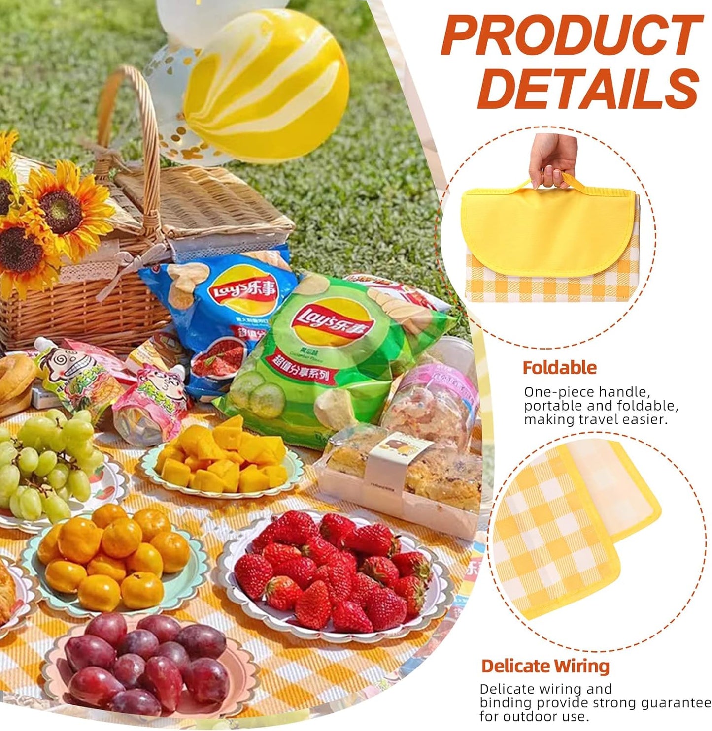 Tanstic Outdoor Picnic Blanket, 79" x 79" Extra Large Waterproof Foldable Beach Mat With Carry Strap for Camping Park (Yellow & White Lattice)
