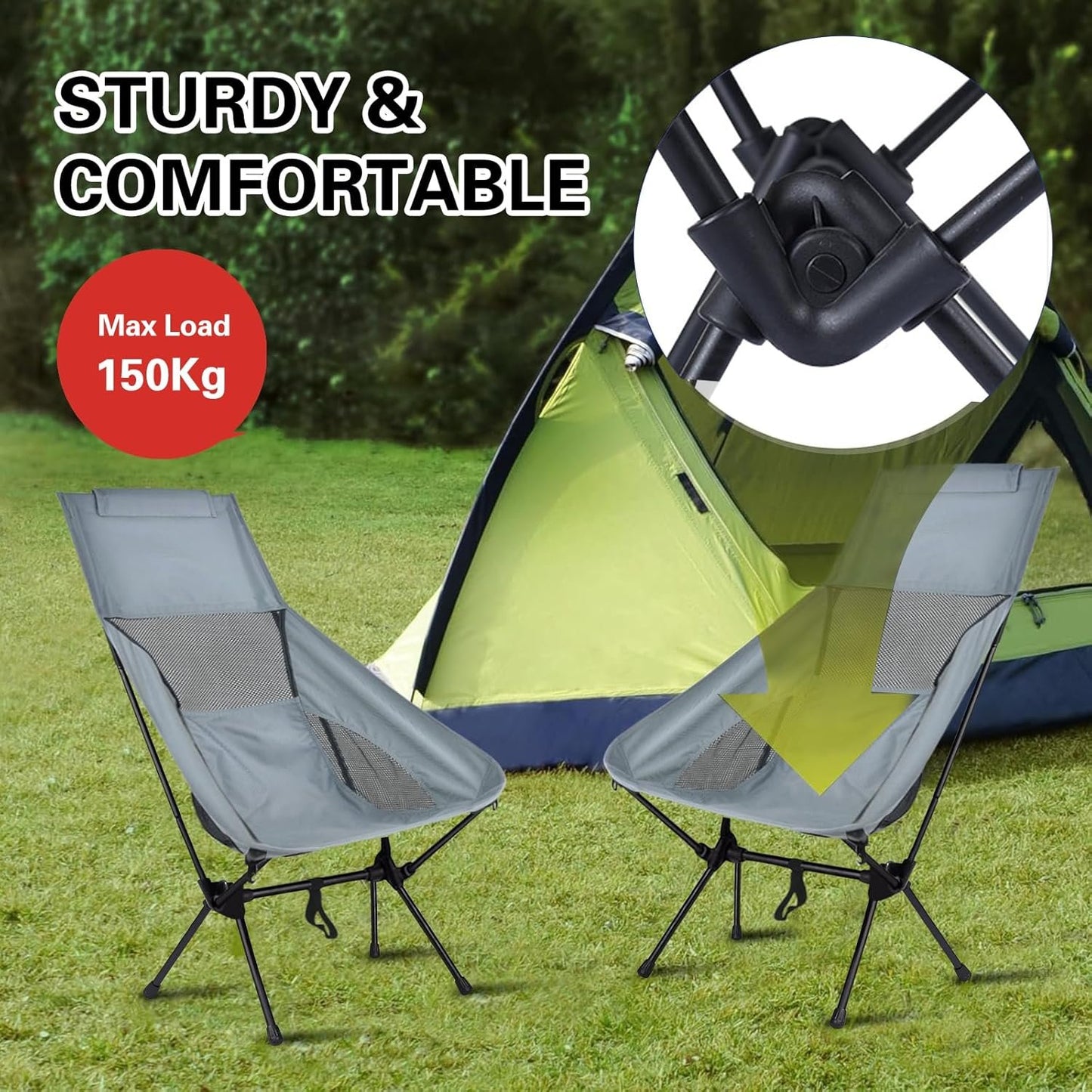 XIULIUU Lightweight Folding Camping Chairs, Portable Camping Chair with Storage Bag, Ultralight Backpacking Chair for Outdoor Camp Travel Beach Picnic Festival Hiking, Supports 150kg (Grey, Large)