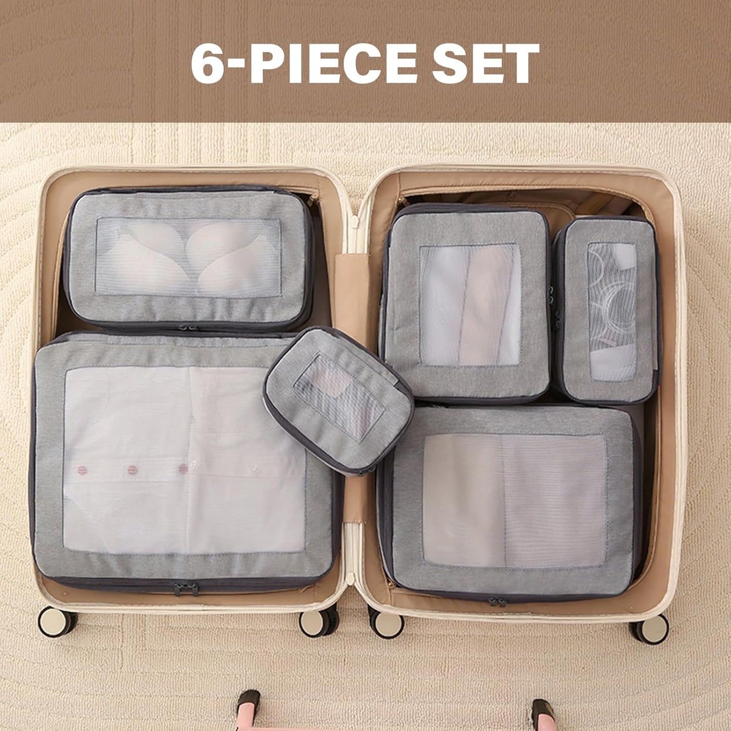 Mumuve 6pcs Travel Packing Cube Set Space Saver Storage Organizer for Efficient Packing Space Saving Storage