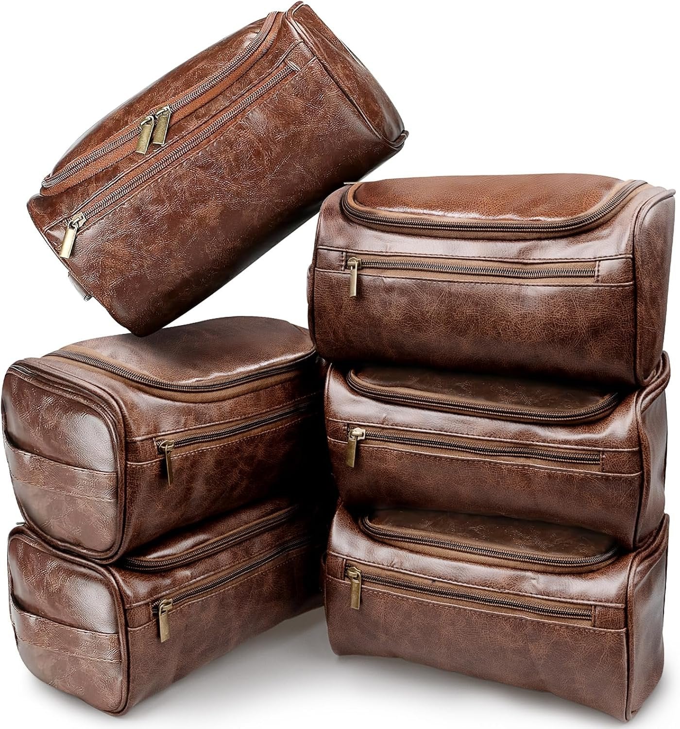 PU Leather Toiletry Bag for Men, 6 Pack Waterproof Cosmetic Bags with Hanging Hook, Travel Shaving Dopp Kit for Groomsmen, Gift for Wedding, Birthday, Father's Day, Valentine's Day - Elegant Brown