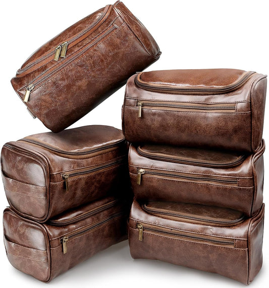 PU Leather Toiletry Bag for Men, 6 Pack Waterproof Cosmetic Bags with Hanging Hook, Travel Shaving Dopp Kit for Groomsmen, Gift for Wedding, Birthday, Father's Day, Valentine's Day - Elegant Brown