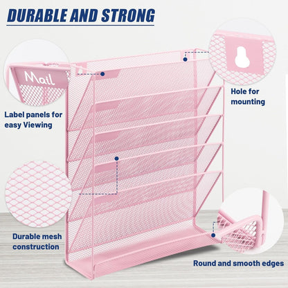 EASEPRES Desk File Organizer Mesh 6-Tier, Hanging Wall Mount Document Organization Stand, Desktop Vertical Mail Paper Folder Holder Rack with Bottom Tray for Office Home Cubicle Countertop, Pink